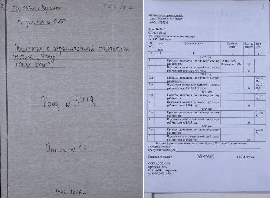 О приеме на хранение в ГАНО, г. Арзамас документов по личному составу ликвидированной организации ООО «Эфир»